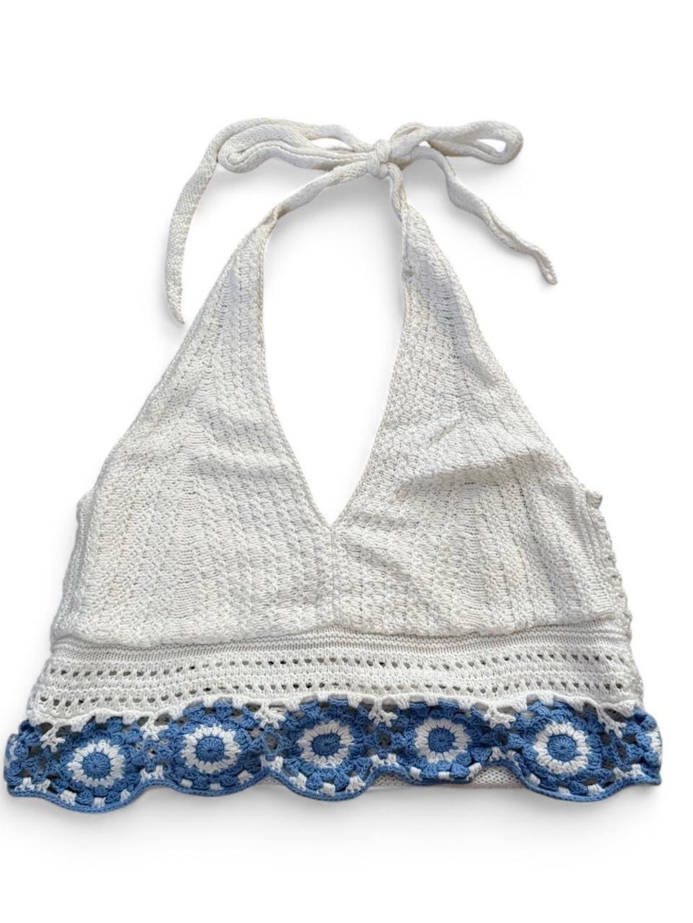 Hollister White Crochet Halter Top with Blue Trim